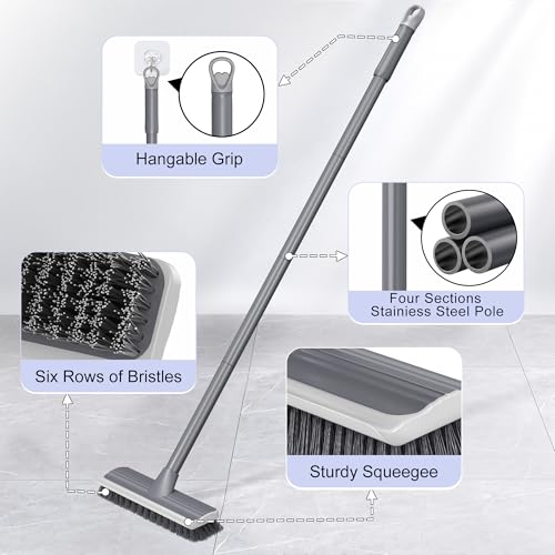 2 in 1 Floor Scrub Brush: Deck Brush with Squeegee - Long Adjustable Handle - 55'' Stiff Bristle Scrape Brush for Deck Patio Garage Shower Bathroom