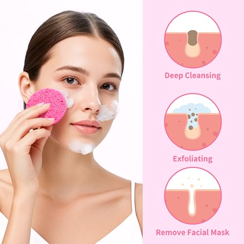 100-Count Compressed Facial Sponges, Natural Cellulose Face Sponges for Cleansing, Exfoliating, Washing face, Makeup Removal, and Spa Use - Travel Skincare Essentials for women - color: Pink