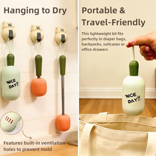 4-in-1 Portable Bottle Brush Cleaner Set, Water Bottle Cleaning Brush with Long Extendable Handle, Sponge Cup Brush, Rim & Crevice Brush, Travel Case for Baby Bottles, Tumblers, Glassware