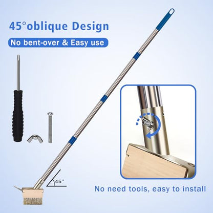 Moss Grout Remover Brush Tool with Detachable 64.9Inch Handle for Outdoor Concrete Deck Pavers Patios Walkways Crevice Cleaning, 2 Pcs Metal Wire Brush Heads with Crack Scraper Weeder Puller