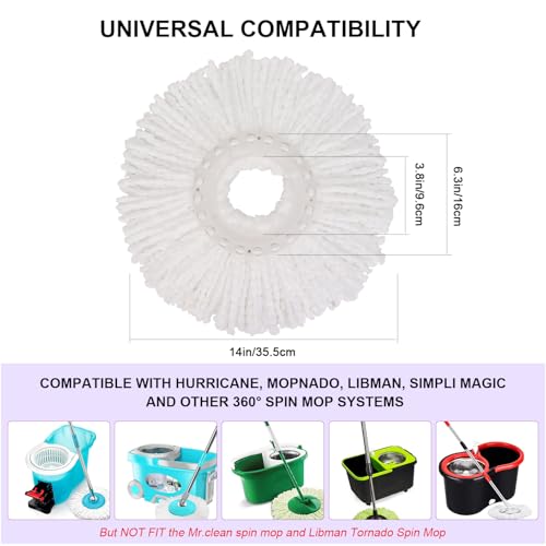 Spin Mop Replacement Heads, 6.3 Inch Microfiber Mop Refills Compatible with Hurricane, Mopnado, Simpli Magic and Other 360° Spin Mop Systems, Round Standard Universal Mop Pads (White) - 6 Pack - color: White - 6 Pack
