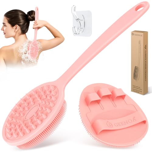 Silicone Back Scrubber & Bath Glove Set 2PCS, 13.4'' Gentle Shower Back Scrubber with Dual-Side Head Non-Slip Handle, 360° Anti-Slip Hand-fit Bath Glove for Rich Foaming Deep Cleaning(Pink) - color: Pink*2