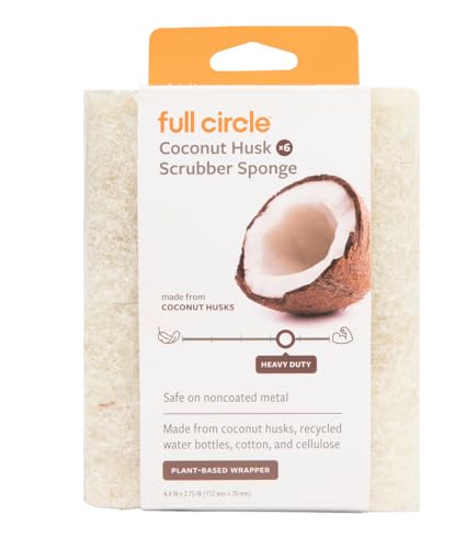 Full Circle Coconut Scrubber Sponges, Pack of 6 – Dual-Sided, Plant-Based Sponges Made with Coconut Shells, Cellulose & Recycled Materials, Safe for Nonstick Cookware - size: Coconut Sponge 6pk