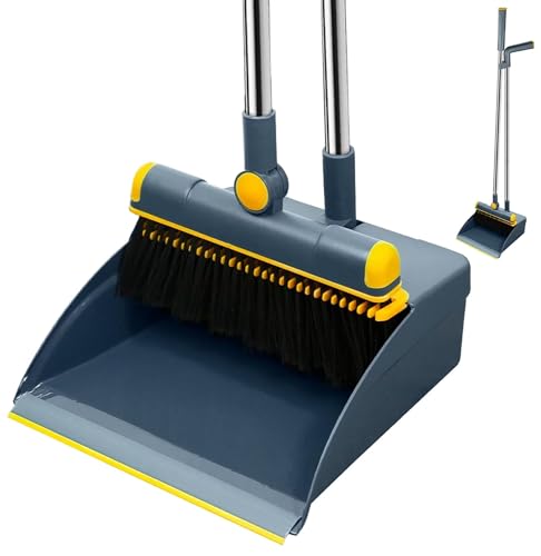 Broom and Dustpan Set 50" Long Handle Foldable Stand Up Broom and Dustpan with Comb Teeth for Indoor & Outdoor Sweeping Home Dog Cat Pets (Blue) - color: Blue