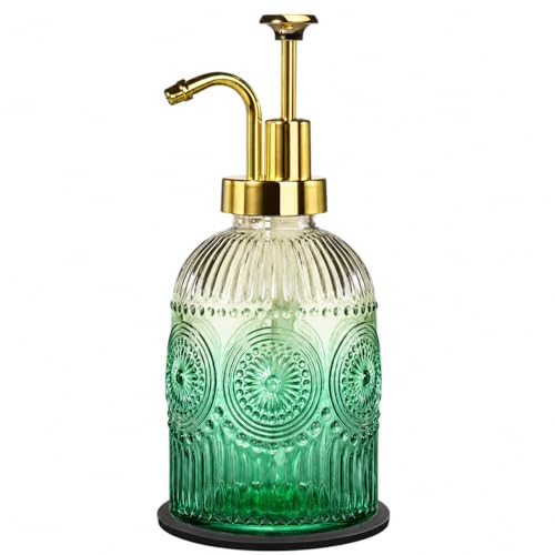 Amolliar 12 Oz Vintage Glass Bathroom Soap Dispensers with Pump, Refillable Kitchen Dish Soap Dispenser with Stripe, Antique Rustic Hand Soap Liquid Bottle (Green Gradient-Golden Pump) - color: Green Gradient-golden Pump
