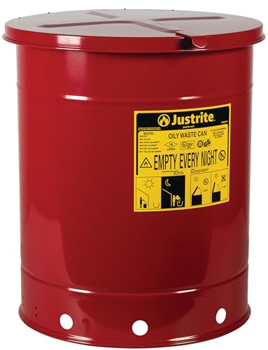Justrite 14 Gallon Galvanized Steel Oily Waste Can, 20" x 16" Metal Oil Rag Safety Can with Hand Operated Self-Closing Lid for Oil Rag Disposal, Made in The USA, Red, 09510 - color: Red, size: 14 Gallon, style: Hand-Operated Lid