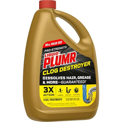 Liquid-Plumr Pro-Strength Full Clog Destroyer, Bathroom & Kitchen Sinks, Shower and Tub Drain, Safe for Pipes, Liquid Drain Cleaner, 80 Fluid Ounces