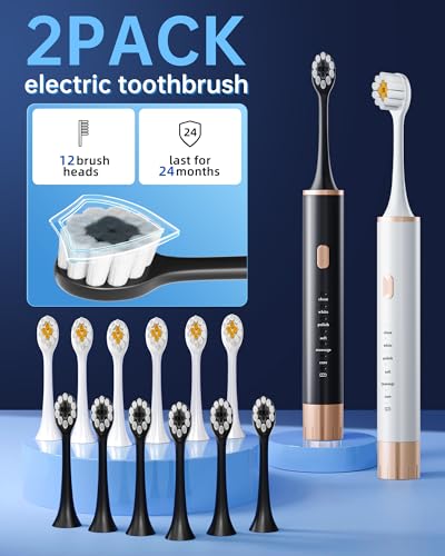 Aneebart Sonic 2 Pack Electric Toothbrush for Adults and Kids, Travel Toothbrush Includes 12 Replacement Toothbrush Heads, 6 Modes with 2 MIN Smart Timer (Black White) - color: Black+white