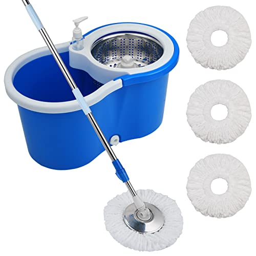 Mop and Bucket Set, 360° Spin Mop and Bucket with Wringer Set and 3 Microfiber Mop Refills, Stainless Steel 61'' Extended Handle Spinning Mop Bucket System for Floor Cleaning - color: Blue