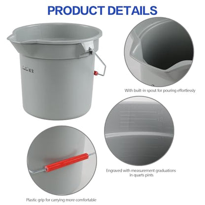 Begale 4-Pack 3.5 Gallon Plastic Round Car Wash Bucket with Handle, Gray | 14 Quart Commercial Cleaning Pail, Pour Spout, Quart Measurement Marks, Comfort Handle, Perfect For Commercial Cleaning Tasks