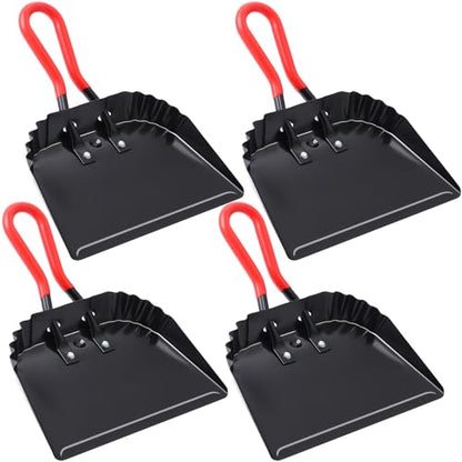 Uiifan 4 Pcs Industrial Metal Dustpans 12" Heavy Duty Dust Pan with Handle Commercial Dustpan Wide Scooper Dust and Debris Sweeping Tool Precision Edge Rubber Grip Loop Handle (Black)