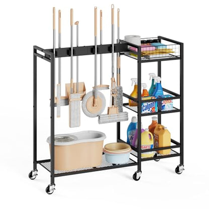 Broom Holder with Cleaning Supplies Organizer, Movable Broom Closet Storage Cabinet with Cleaning Caddy, Cleaning Cart with Mop Rack, Janitorial Housekeeping Cart on Wheels, Laundry Room Organization - size: Large