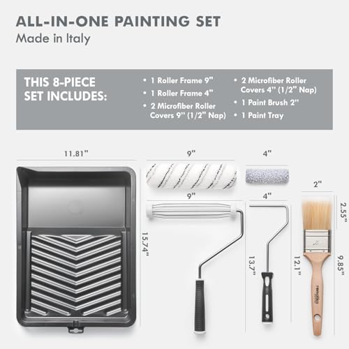 8-piece Paint Roller Kit - Made in Italy - Premium Paint Brush, Microfiber Roller Covers, Wall Painting Roller Naps, Roller Frames, and Paint Tray, for Professionals or Homeowners - size: 8-Piece ( Roller Kit )