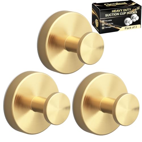 Suction Cup Hooks, Shower Hooks No Drill, Heavy Duty Wall Hooks for Hanging 15lbs, Reusable Waterproof Towel Hooks for Bathrooms Kitchen Glass Door Tile, Stainless Steel Hook Holder 3 Pack - color: 3 Gold, size: 3 Pack