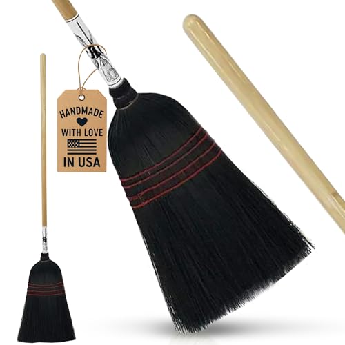 Handmade Amish Corn Broom with Wooden Handle – 57" Heavy Duty Broom for Courtyard, Lobby & Market, 100% Corn Fill Straw Broo'm, 4 Sews Indoor & Outdoor Bristle for Sweeping - Black - color: Black
