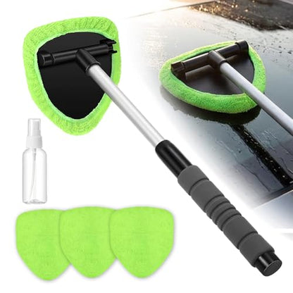 Car Windshield Cleaning Tool, Microfiber Wand Window Cleaner Kit for Auto Glass, 2026 Upgraded Car Window Cleaner with Reusable Washable Pads, Interior Exterior Glass Scrubbing Wand (Green - Triangle) - color: Green - Triangle