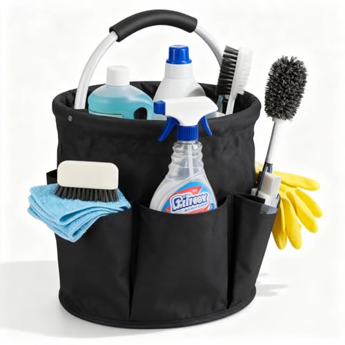 17L Foldable Cleaning Caddy with Handle - Portable Duty Tool Bag Cleaning Supply Organizer, Multi-Compartment Cleaning Bucket Storage Basket for Home Kitchen Bathroom (Black) - color: Black