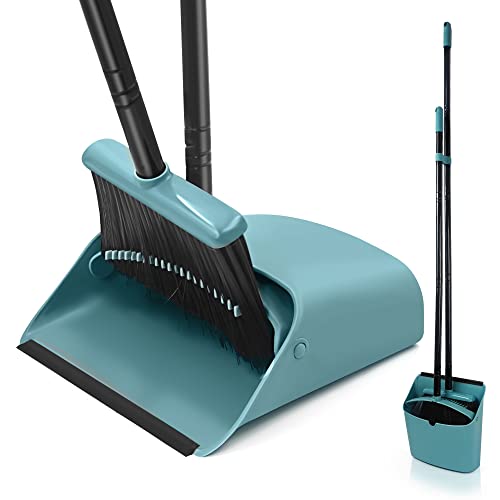 JEHONN Broom with Dustpan Combo Set, Long Handle Lightweight Indoor Broom Set, Upright Standing Dust Pan with Comb Teeth Store Sweep Set for Home Room Kitchen Office Lobby (Grey-Green) - color: Grey-green