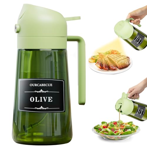 OURCABECUE 2 in 1 Olive Oil Sprayer for Cooking, 16oz/470ml Olive Oil Dispenser Bottle for Kitchen, Light-Blocking Dark Glass Oil Bottle, Food-Grade Oil Mister with 8 Oil Stickers (Green Bottle-Cap) - color: Green Bottle-Green Cap