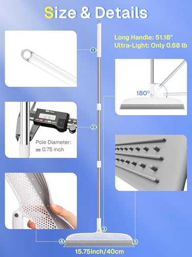 Silicone Floor Squeegee, 180° Rotating Air Broom, Squeegee for Floor with a Long Handle, Magic Broom for Water and Pet Hair Removal on Bathroom Floors, Tile, Deck and Glass, Indoor Cleaning Tool - size: [Hot] 15.7" | Soft TPR Silicone with Raised Dots