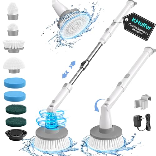 kHelfer Electric Spin Scrubber Kh8, Upgrade Cordless Shower Scrubber 8 Replacement Head, 1.5H Bathroom Scrubber Dual Speed, Shower Cleaning Brush with Extension Arm for Bathtub Tile Floor - color: Pearl White