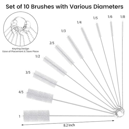 10 Pack Reusable Straw Cleaner Brushes, Assorted Sizes with Extra Long Stainless Steel Handles & Flexible Nylon Bristles, Straw Brush Cleaner for Tumblers, Sippy Cups, Bottles, Pipes & Tubes (White) - size: 8.2 inch white assorted