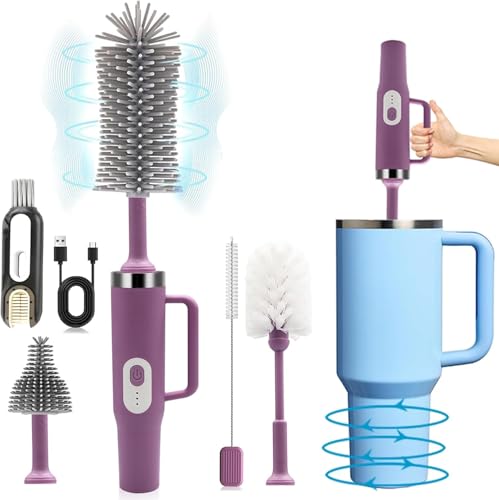 5 in 1 Electric Bottle Brush Cleaner Compatible Stanley Bottle Brush Straw Cleaner Multifunction Rechargeable IPX6 Waterproof Extra Long Design for Stanley Cup, Sports Bottle and More (Purple-1) - color: Purple-1