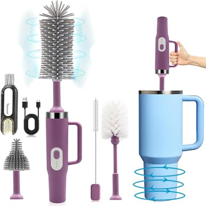 5 in 1 Electric Bottle Brush Cleaner Compatible Stanley Bottle Brush Straw Cleaner Multifunction Rechargeable IPX6 Waterproof Extra Long Design for Stanley Cup, Sports Bottle and More (Purple-1) - color: Purple-1