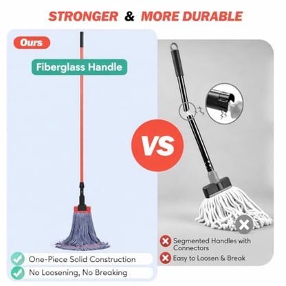 Mop with Strings Industrial Commercial Grade, 60 inch Heavy Duty One-Piece Fiberglass Handle, No Loosening, Built to Last, Reinforced Head Connection, Professional Cotton Mop for Janitorial, Garage