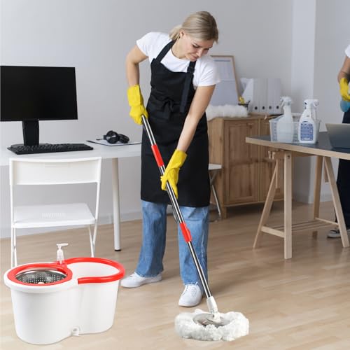 Spin Mop and Bucket with Wringer Set, 360° Spinning Mop Bucket System with 6 Microfiber Mop Replacement Heads and 61" Stainless Steel Adjustable Handle for Floor Cleaning (20QT) - color: White