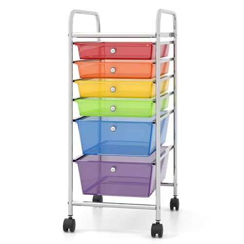 COSTWAY 6-Drawer Rolling Storage Cart, Multifunctional Art Craft Tools Organizer on Wheels, Heavy Duty Utility Mobile Storage Trolley w/ 2 Lockable Wheels for Home Office School (Rainbow) - color: Rainbow, size: 6 Drawer
