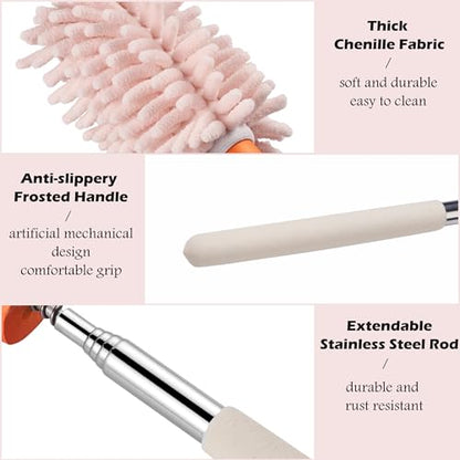 Pink Retractable Microfiber Duster for Cleaning Extendable Feather Duster Household Cleaning Tool for Cleaning Car, Office, Window, Furniture