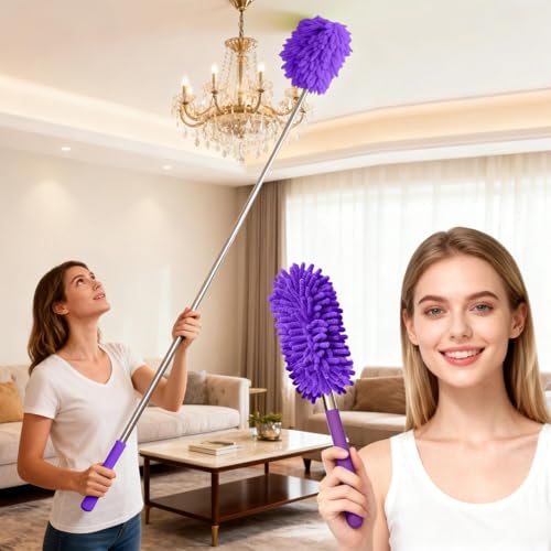 Extendable Microfiber Duster, Telescoping Dusting Brush for Home and Car Cleaning, Adjustable Length, Soft and Flexible - color: Elongated Purple