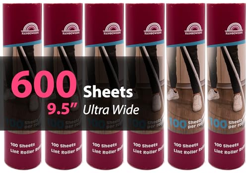RainbowZone 6 Rolls of 9.5'' Extra Wide Large Lint Roller Refills. Total 600 Extra Sticky Adhesive Peel Sheets (100 Sheet per roll) for Pet Hair Removal & Household Cleaning (6 Refills) - size: 6 refills