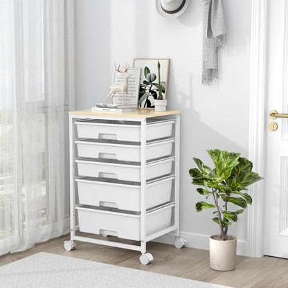 SYKIARIOL Utility Cart with 5 Drawers,Storage Drawer Cart with Wooden Tabletop and Lockable Wheels,Craft Storage Trolley Cart,5-Tier Rolling Utility Cart on Wheels,Bright White - color: Bright White