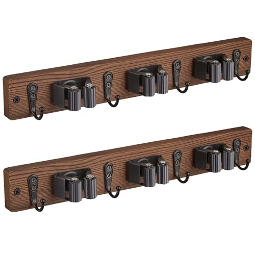 OUTNILI 2 Pack Mop Broom Holder Wall Mount with 3 Slots & 4 Hooks - Rustic Wood Broom Mop Hanger for Pantry Kitchen Organization - Garden Tool Organizer for Closet Laundry Room - color: Brown-3 Grips, size: 2 Pack