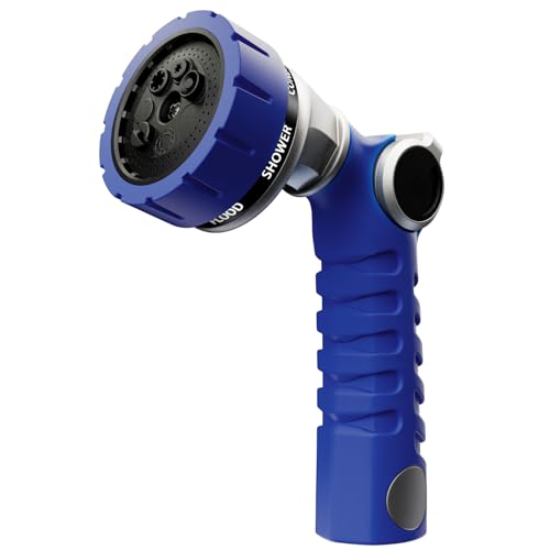 RESTMO Heavy Duty Hose Nozzle, Metal Garden Water Hose Sprayer with 7 Watering Patterns, Thumb Control, On Off Valve, High Pressure Nozzle Sprayer for Watering Plants, Car and Pet Washing, Blue - color: Blue