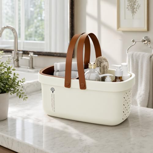 Pulseplay Plastic Shower Caddy Basket with Handle Portable Bath Tote Basket Bin for Bathroom Kitchen College Dorm Gym(Cream) - color: Cream