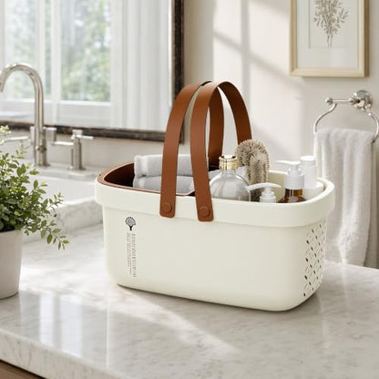 Pulseplay Plastic Shower Caddy Basket with Handle Portable Bath Tote Basket Bin for Bathroom Kitchen College Dorm Gym(Cream) - color: Cream