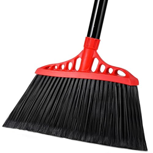 Tiumso Heavy Duty Angle Broom - 55" Adjustable Iron Handle with Stiff Bristles - Commercial-Grade Indoor/Outdoor Broom for Garage, Patio, Kitchen, Sidewalk & Concrete Cleaning (Black & Red) - color: Black and Red
