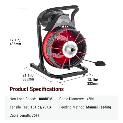 75FT x 1/2 Inch Drain Cleaner Machine, Manual Feed Electric Drain Auger for 2"-6" Pipes, Sewer Snake Auger with 4 Cutters & Pneumatic Foot Switch - style: 75FT x 1/2inch