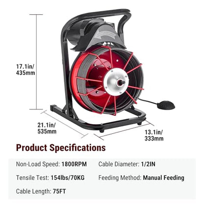 75FT x 1/2 Inch Drain Cleaner Machine, Manual Feed Electric Drain Auger for 2"-6" Pipes, Sewer Snake Auger with 4 Cutters & Pneumatic Foot Switch - style: 75FT x 1/2inch