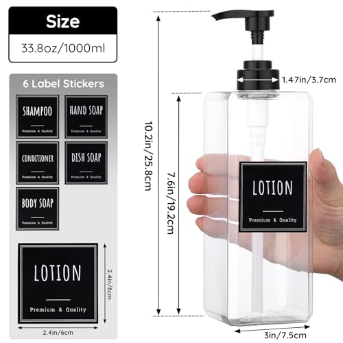 Segbeauty 33.8oz Clear Large Plastic Soap Dispenser Bathroom, 4pcs Large Capacity Refillable Shampoo and Conditioner Dispenser, 1000ml Body Lotion Bottle, Square Empty Cream Pump Bottles with Labels - color: Clear, style: 4pcs