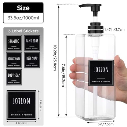 Segbeauty 33.8oz Clear Large Plastic Soap Dispenser Bathroom, 4pcs Large Capacity Refillable Shampoo and Conditioner Dispenser, 1000ml Body Lotion Bottle, Square Empty Cream Pump Bottles with Labels - color: Clear, style: 4pcs