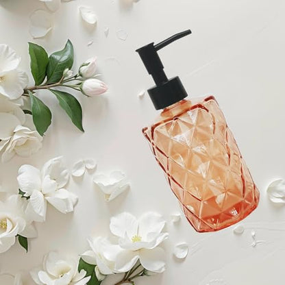 12Oz Small Glass Soap Dispenser with Black Plastic Pump, Amber Refillable Kitchen Countertop Liquid Hand Soap Dispensers with Diamond Design, Crystal Bathroom Lotion Bottle for Dispense Dish Soap - color: Amber Diamond