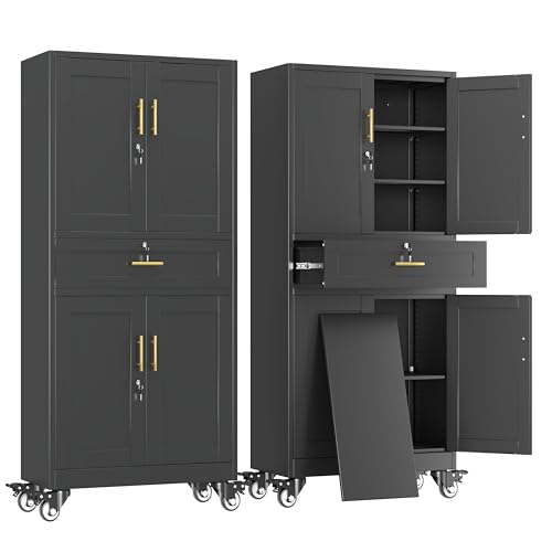 erosoei 75" H Metal Garage Storage Cabinet, Rolling Tool Cabinet with 2 Doors and Wheels, Locker Steel Cabinet with 4 Adjustable Shelves and Drawer, Organization Cabinet for Garage,Office,Home,Gym - color: Black, size: 75"With drawer