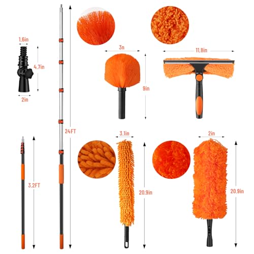 30ft High Reach Duster Kit with Extendable Pole (5-24ft),High Ceiling Duster Kit Includes–Ceiling Fan Blade Cleaner, Cobweb Remover, Bendable Duster, Microfiber Glass Scrubber & Squeegee & Swivel Head - size: 24 feet