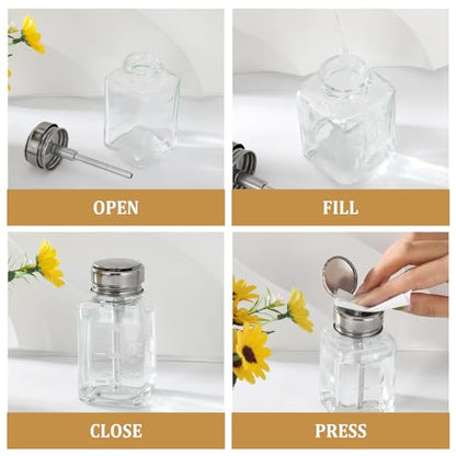 3 Pcs Clear Pump Dispenser Bottle Push Dispenser with Metal Flip Cap 180ml Glass Dispenser Pressure Container Refillable for Dispensing Nail Polish Remover Alcohol Toner and Makeup Remover