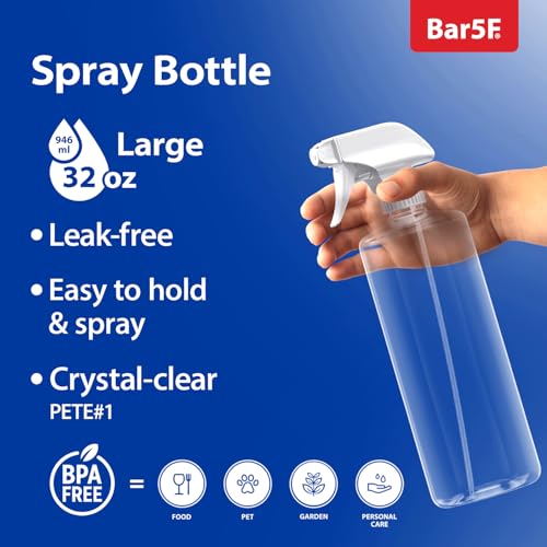 Bar5F Plastic Spray Bottles with Mixor Trigger, 32 oz | Professional, Leak Proof, Empty, Adjustable Fine to Powerful Sprayer, Refillable | Water Plants, Cleaning Solutions | Crystal Clear | Pack of 2