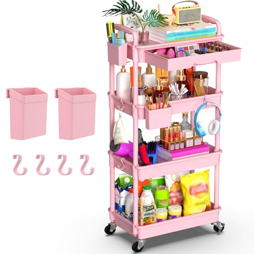 Goovilla 4 Tier Rolling Utility Cart Organizer with Removable Drawer, Stable and Sturdy Pink Rolling Storage Carts with 2 Lockable Wheels for Bathroom, Kitchen, Snack, Craft, Makeup, Baby Essentials - size: 4 Tier, style: Pink